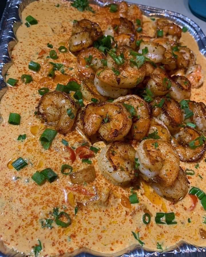 Creamy shrimp dish in a tray
