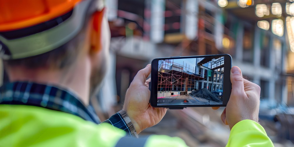 Construction worker using phone to view building progress