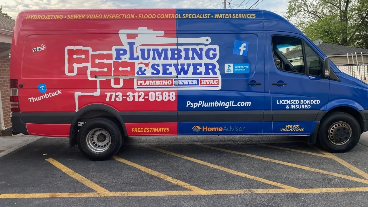 PSP Plumbing & Sewer company van showcasing services and contact information