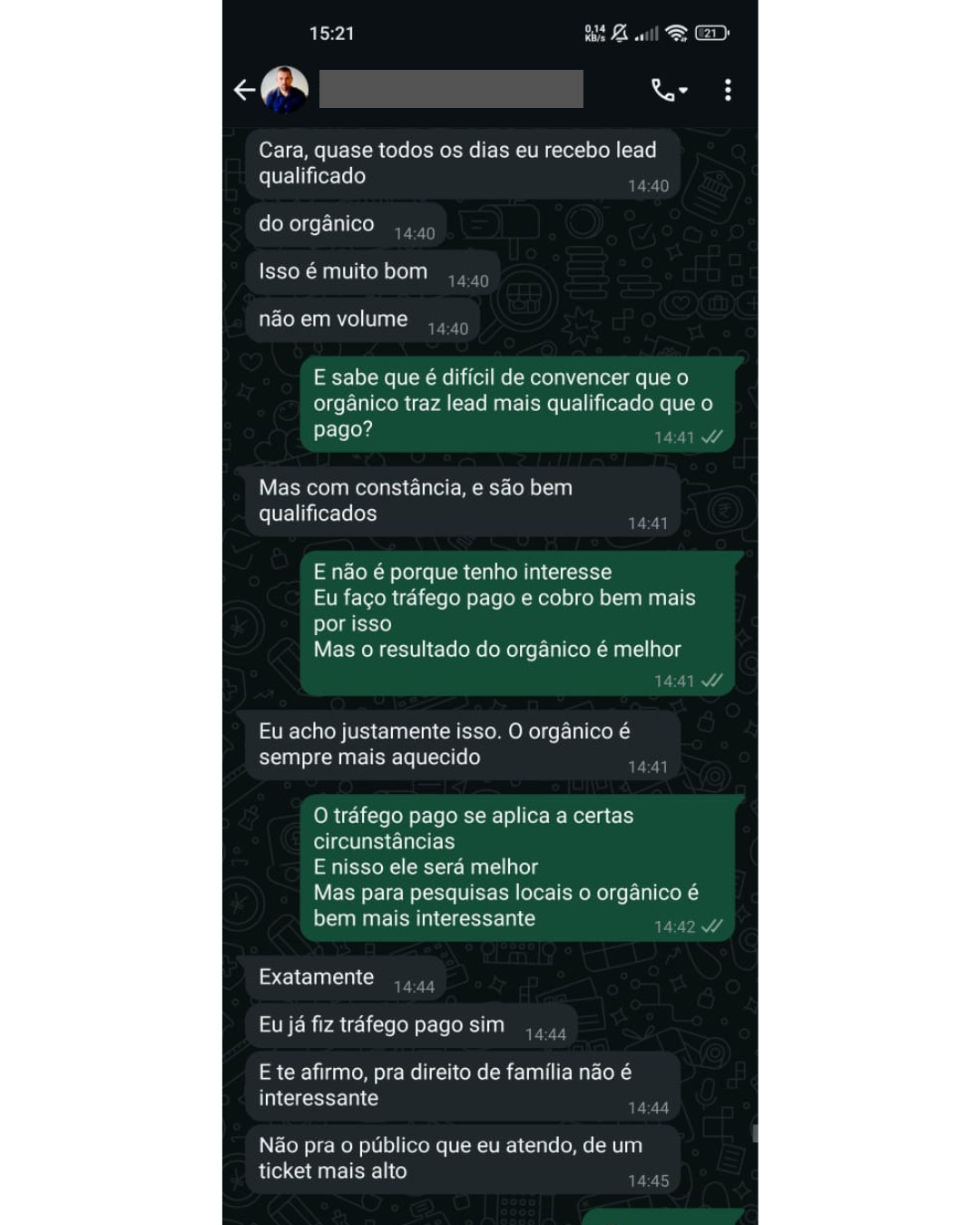 Print de conversa no WhatsApp com cliente elogiando o SEO Local