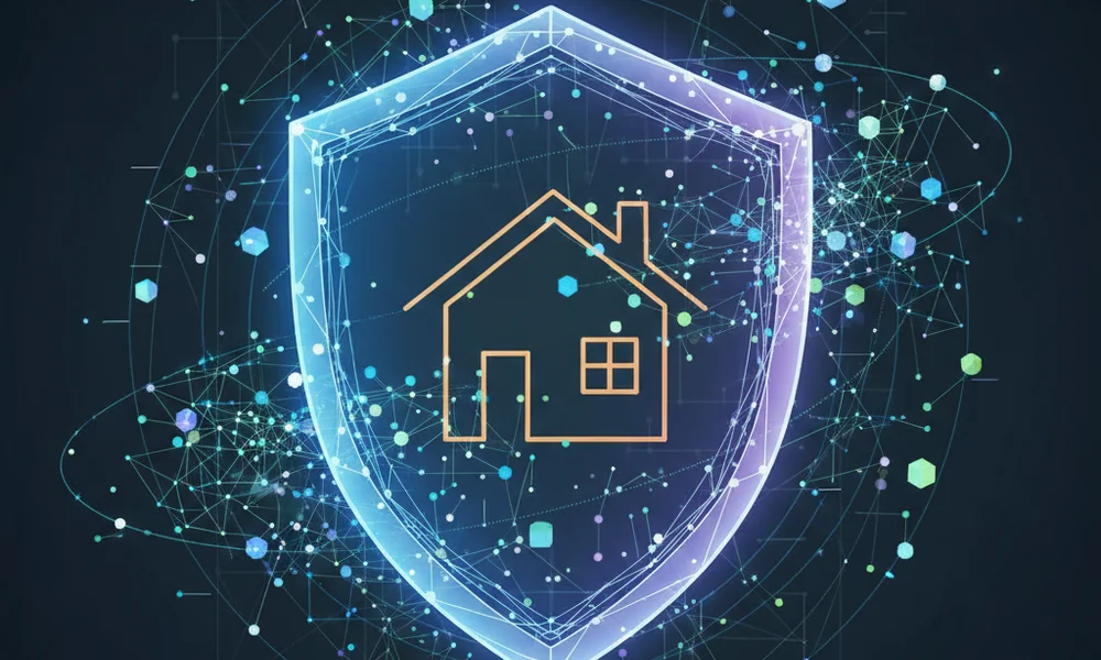 An abstract illustration of a shield protecting a house, with data points floating around it, representing the AI screening.
