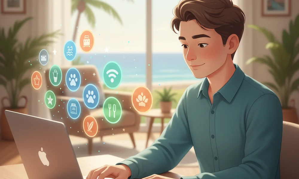 A vacation rental host on a laptop, thoughtfully selecting icons to optimize their Airbnb listing.