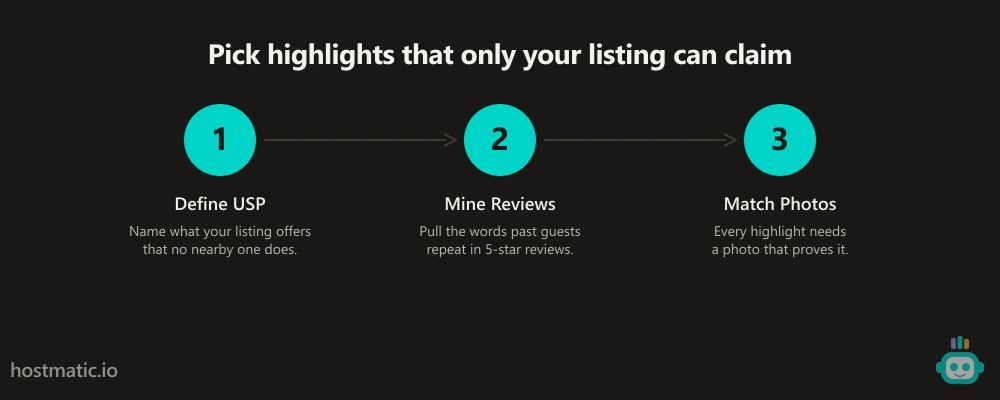 5 Steps to Select the Perfect Airbnb Highlights - 1. Review Suggestions, 2. Know Your Guest, 3. Find Your USP, 4. Check Reviews, 5. Match with Photos