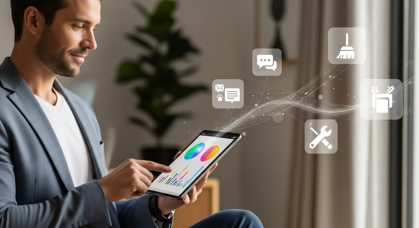 A vacation rental host looking relaxed and reviewing analytics on a tablet, while abstract AI icons in the background handle guest messages, cleaning schedules, and maintenance alerts.