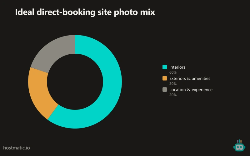 Pie chart showing ideal photo distribution for a direct booking site: 60% Interiors, 20% Exterior & Property Amenities, 20% Location & Experience.