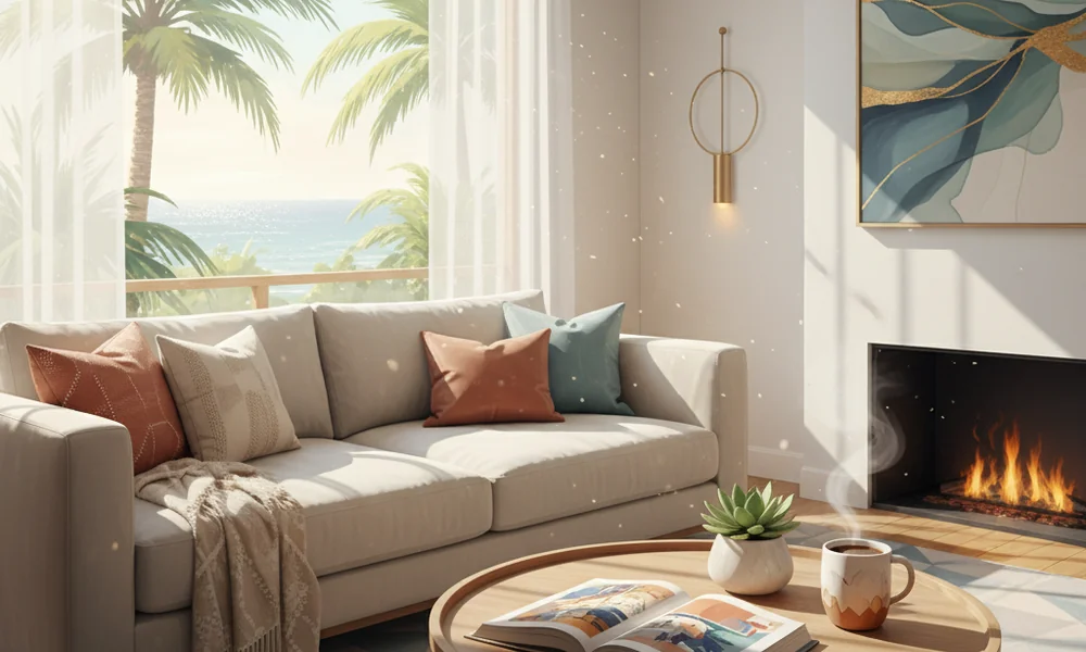 A stylish vacation rental living room with a book and coffee cup on the table, suggesting a relaxing morning.