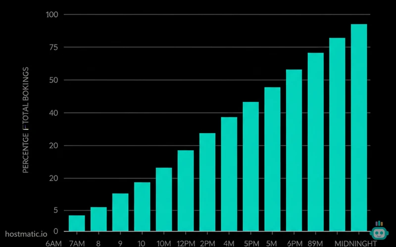 Booking activity distribution by hour of day — bar graph showing mid-day spike between 11am and 3pm vs lower evening activity, based on STR booking timestamp patterns. X-axis: hours 6am–midnight. Y-axis: percentage of total bookings.