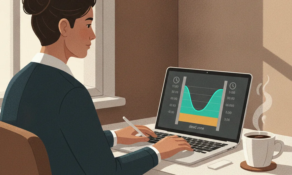 Host reviewing booking analytics on a laptop during the mid-morning hours, coffee nearby, focused expression — natural light, home office setting