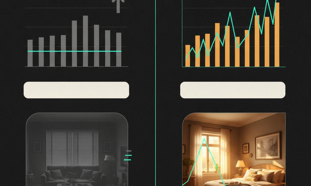Split screen concept: left side shows a vacation rental listing dashboard with stale mid-day pricing and low rank position; right side shows an actively managed listing with updated rates and fresh listing content