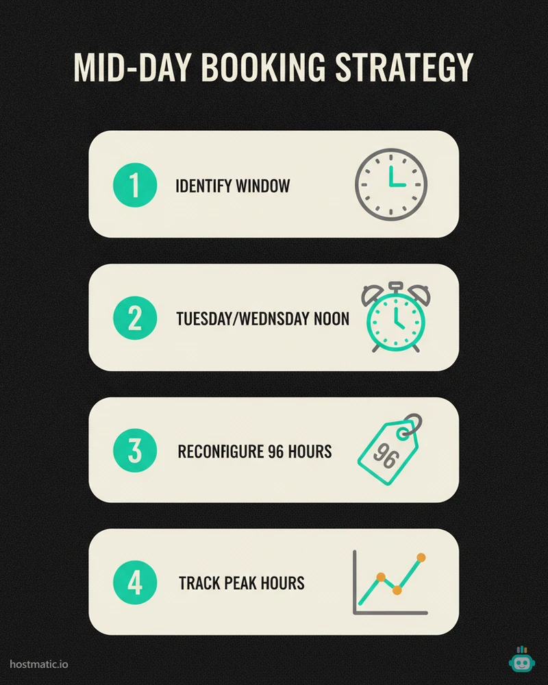 4-step mid-day booking strategy visual guide: Step 1 — Identify your booking window (clock icon); Step 2 — Set noon check-ins Tuesday/Wednesday (alarm icon); Step 3 — Reconfigure last-minute pricing to 96 hours (price tag icon); Step 4 — Track position during peak search hours (chart icon). Clean, minimal design.
