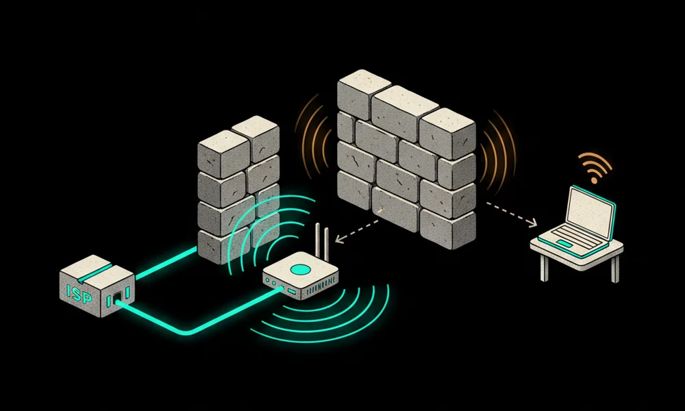 Simple diagram showing the WiFi signal path from the ISP to a guest's laptop, highlighting common problem areas like thick walls and distance from the router.
