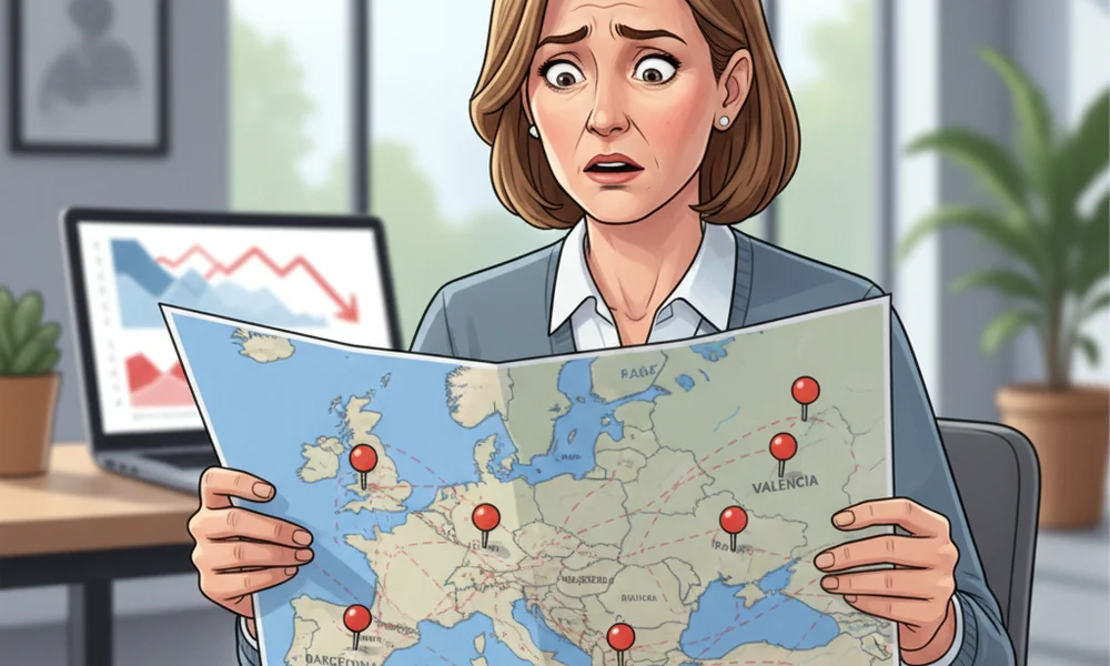 A concerned vacation rental host looking at a map of Europe with red pins on major cities like Paris, Barcelona, and Valencia