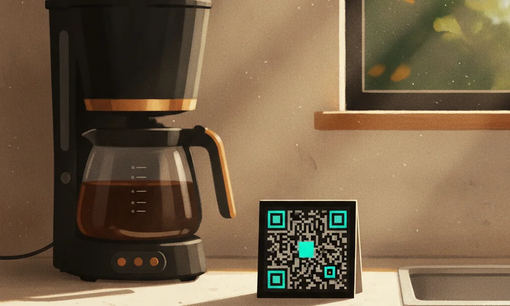 Framed WiFi QR code card on a kitchen counter next to a coffee maker in a vacation rental.