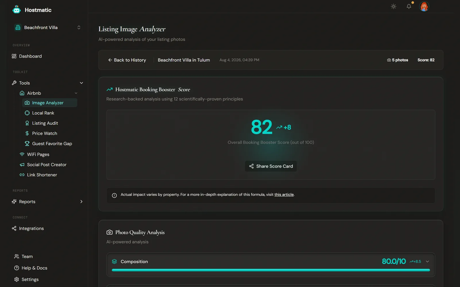 Image Analyzer results with an overall booking booster score and photo quality breakdown