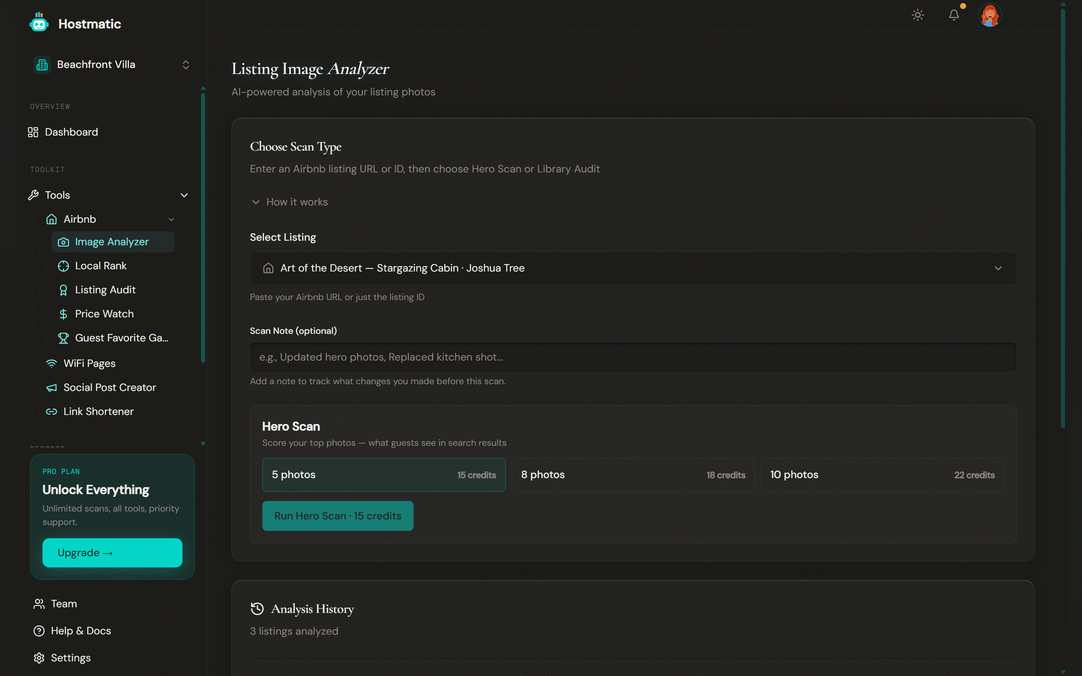 Listing Image Analyzer setup page with scan-type selection and hero scan options