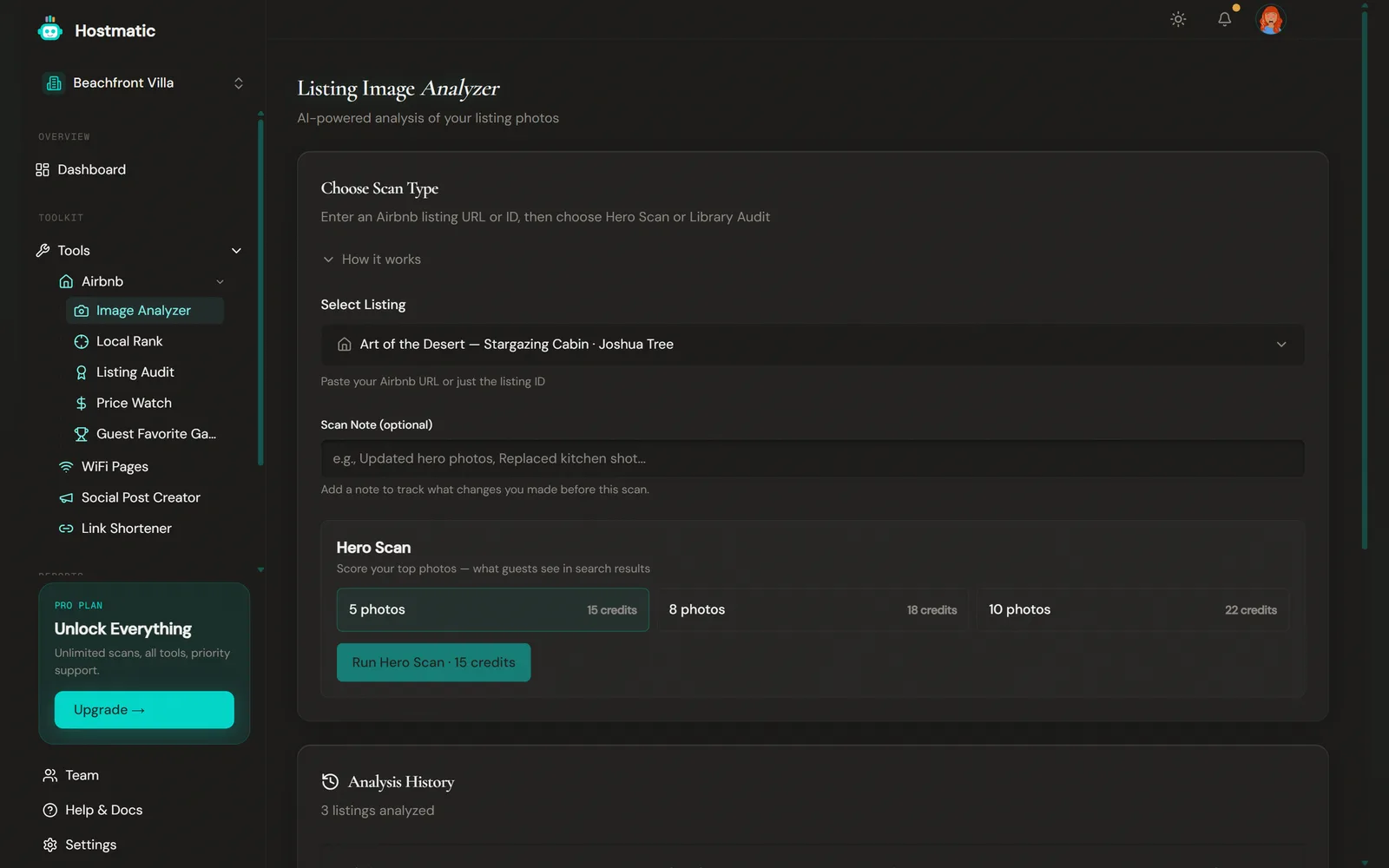 Listing Image Analyzer setup page with scan-type selection and hero scan options