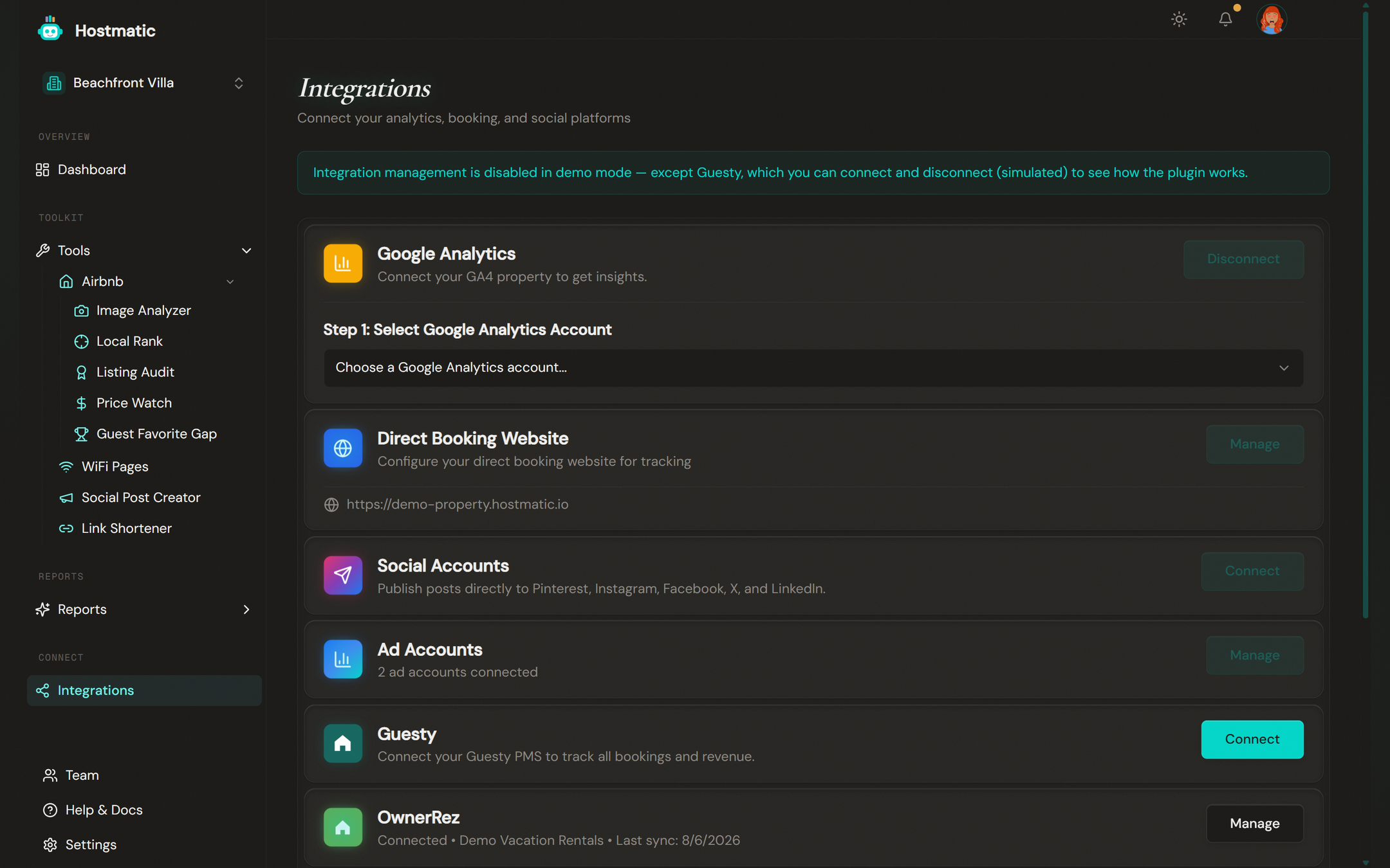 Integrations page listing connectable analytics, booking, and social platforms