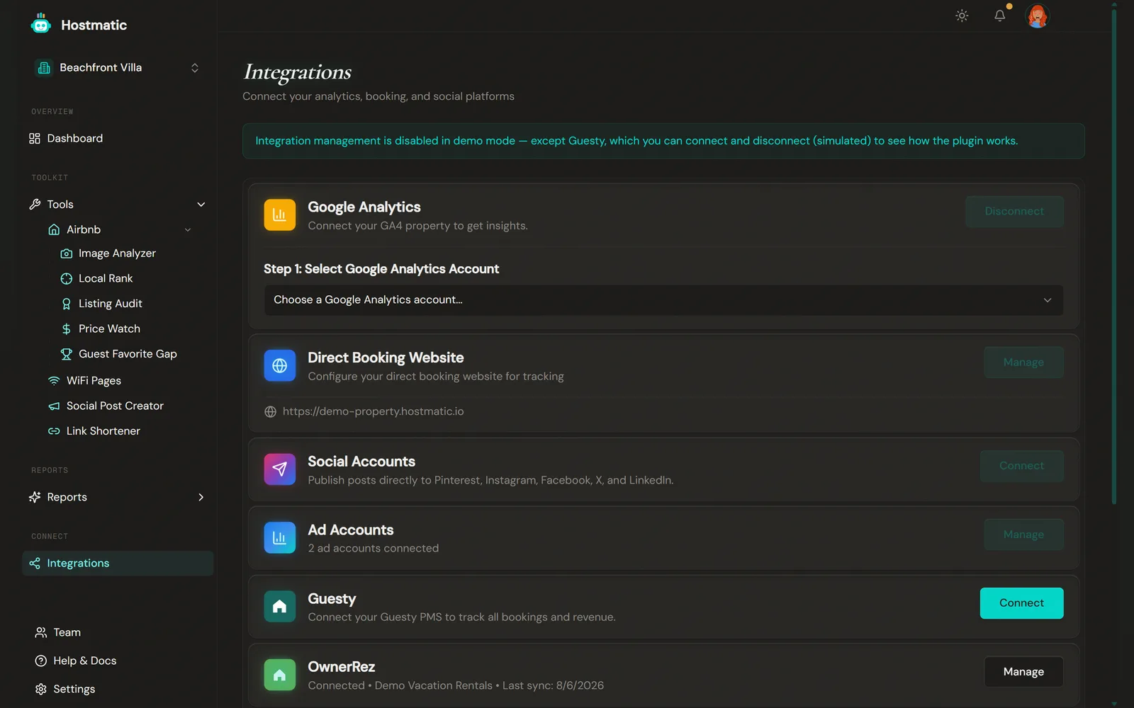 Integrations page listing connectable analytics, booking, and social platforms