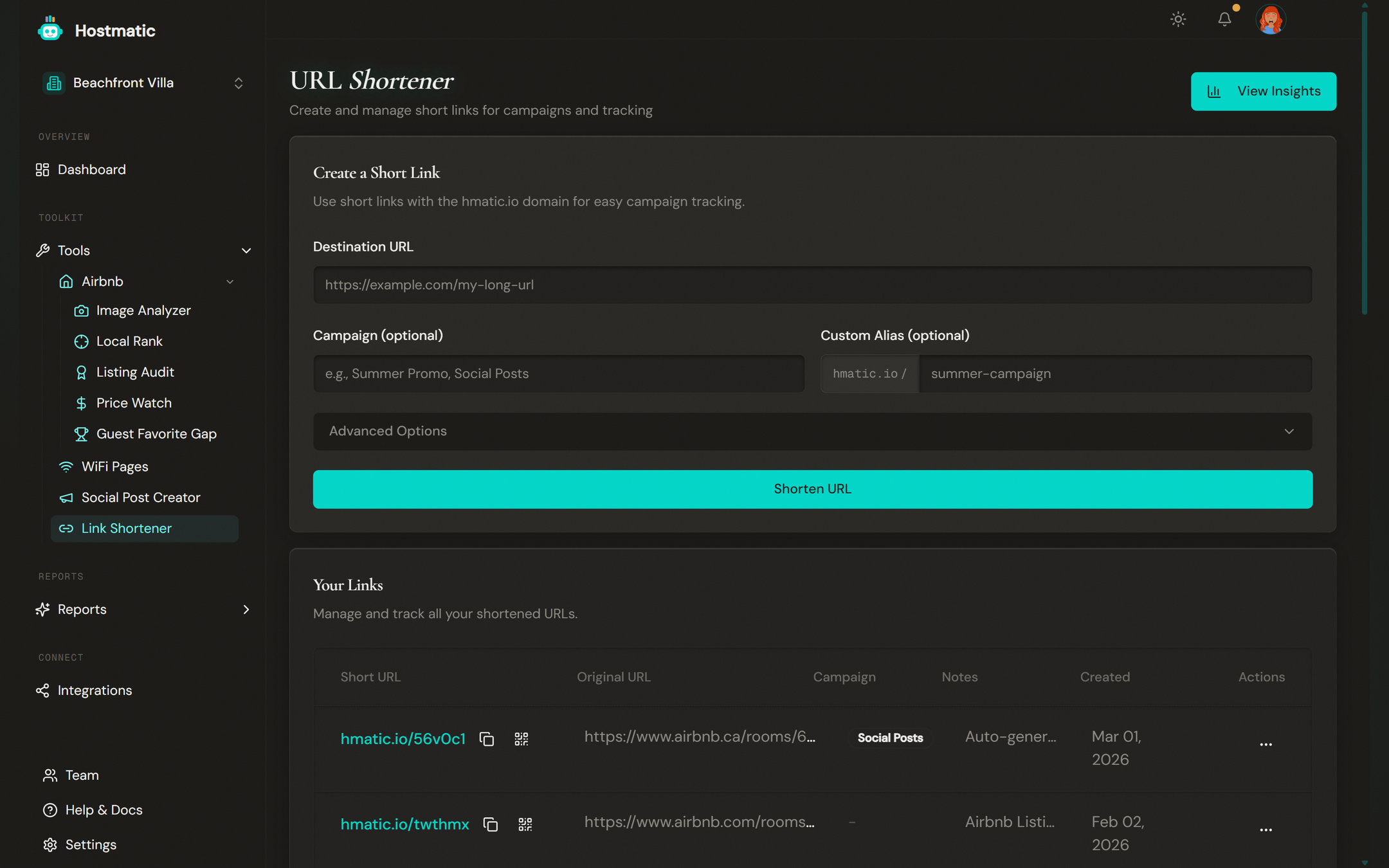 Hostmatic URL shortener page with a create-link form and a table of tracked short links