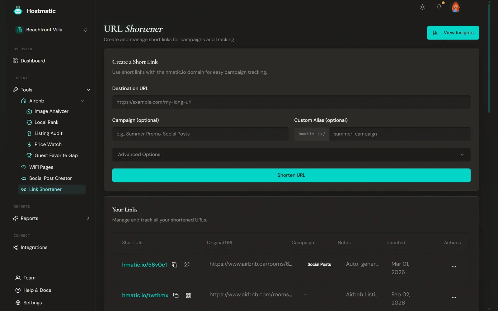 Hostmatic URL shortener page with a create-link form and a table of tracked short links