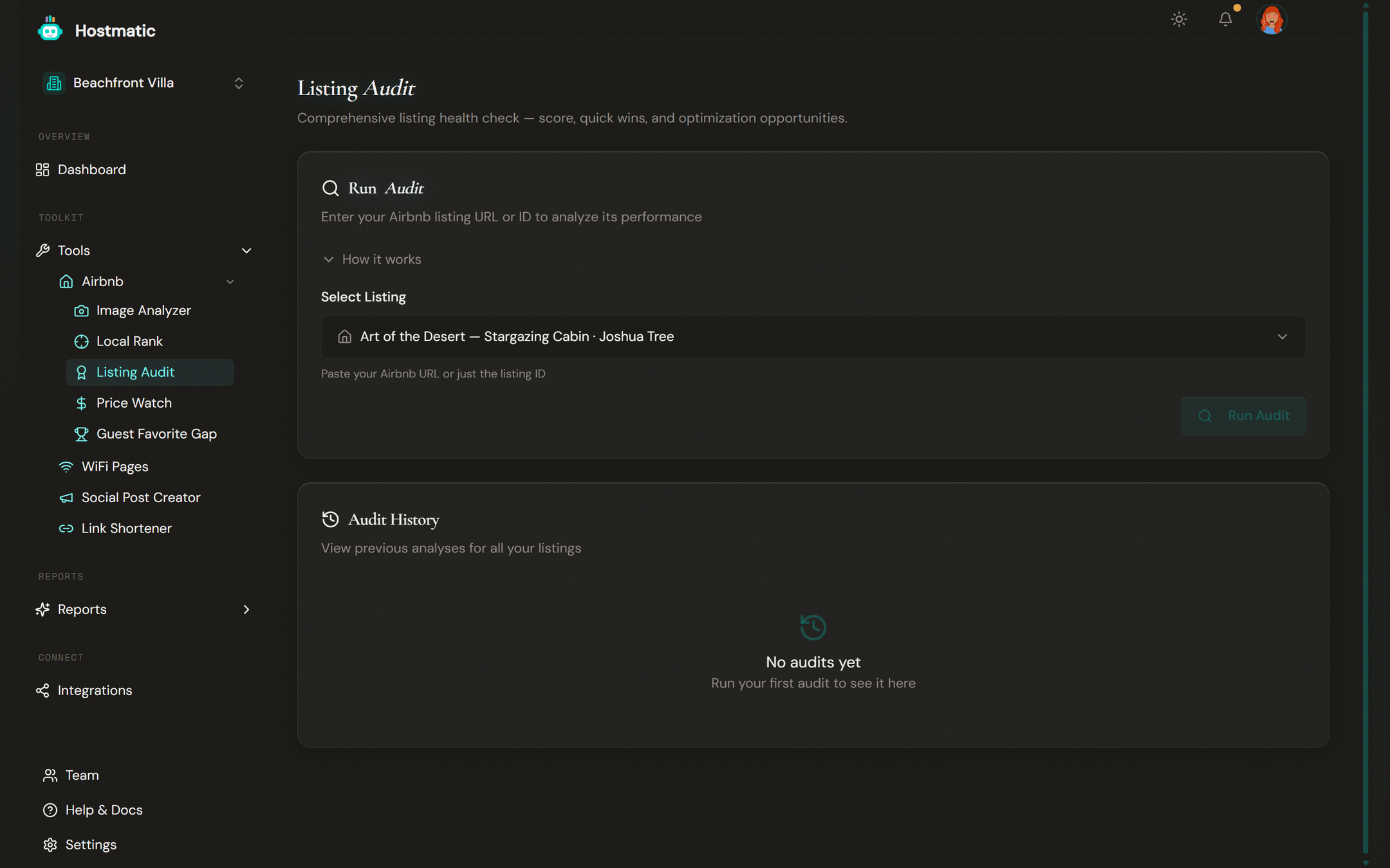 Listing Audit page with a run-audit form and an audit history table of scores and quick wins