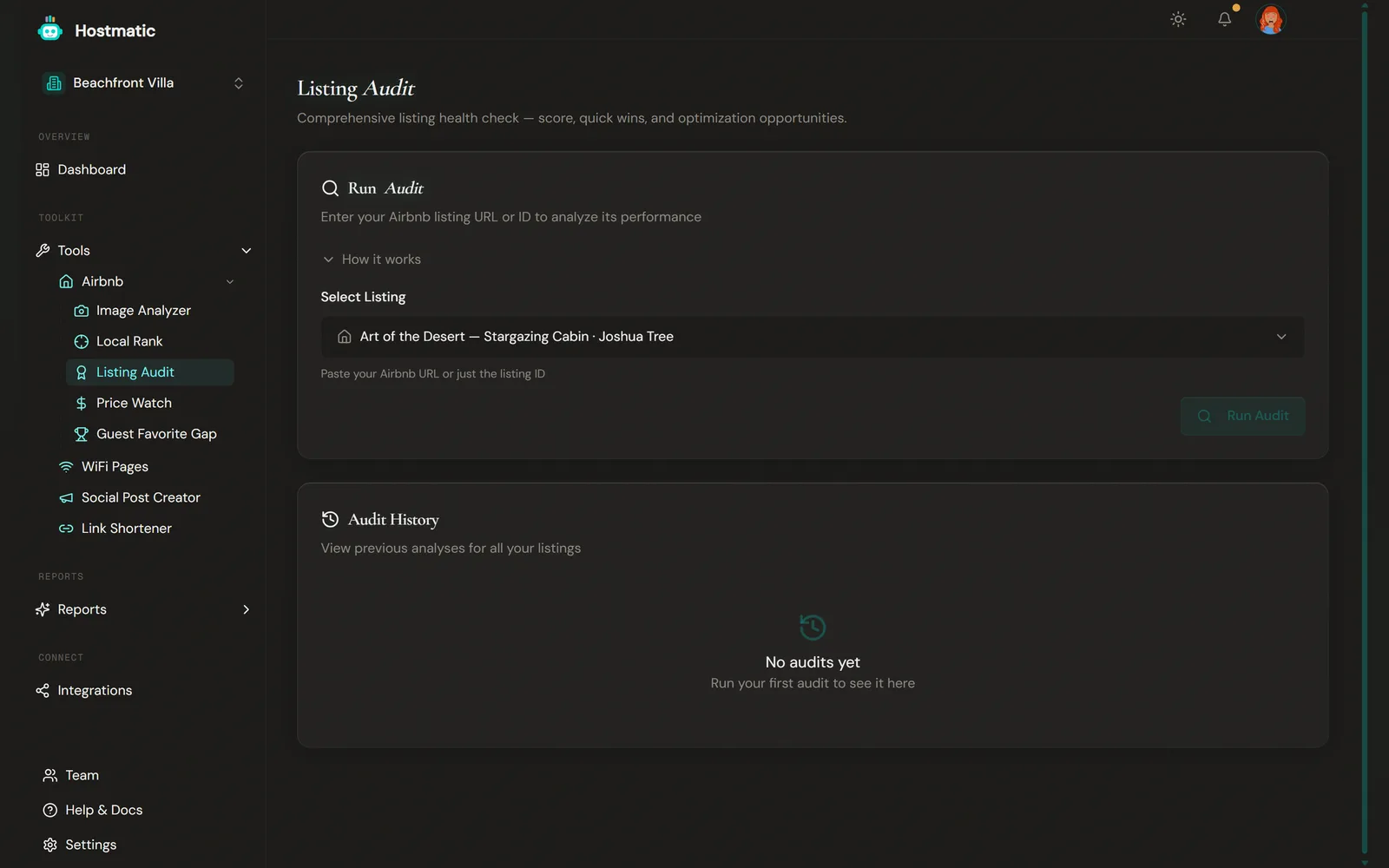 Listing Audit page with a run-audit form and an audit history table of scores and quick wins