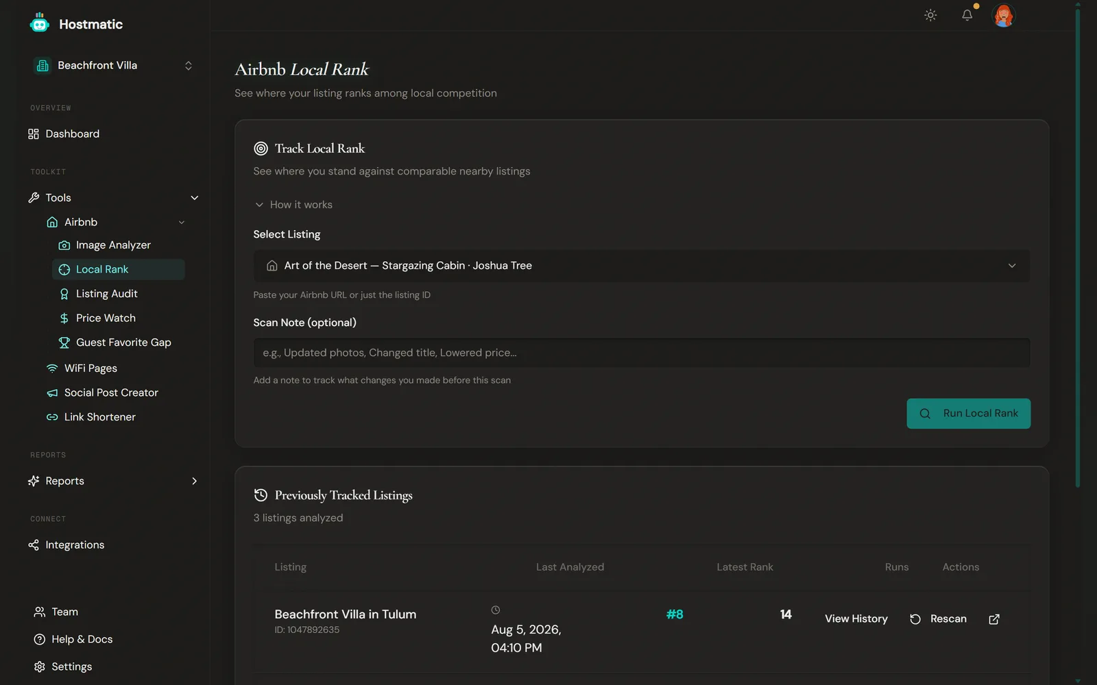 Local Rank setup page with listing selection and previously tracked listings