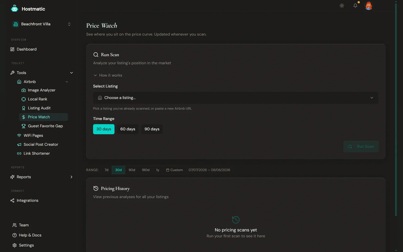 Price Watch page with scan setup, time-range selector, and pricing history
