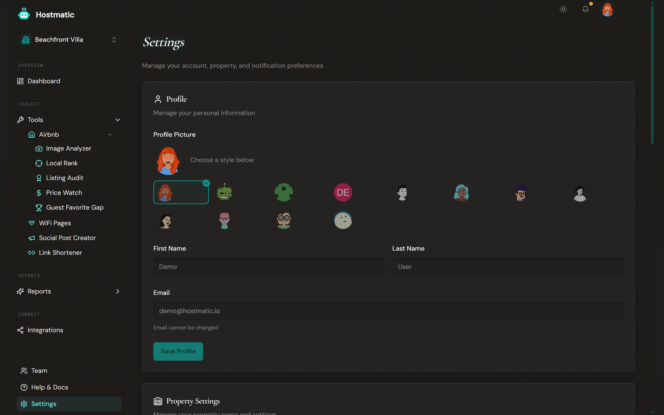 Settings page with profile, avatar selection, and property settings