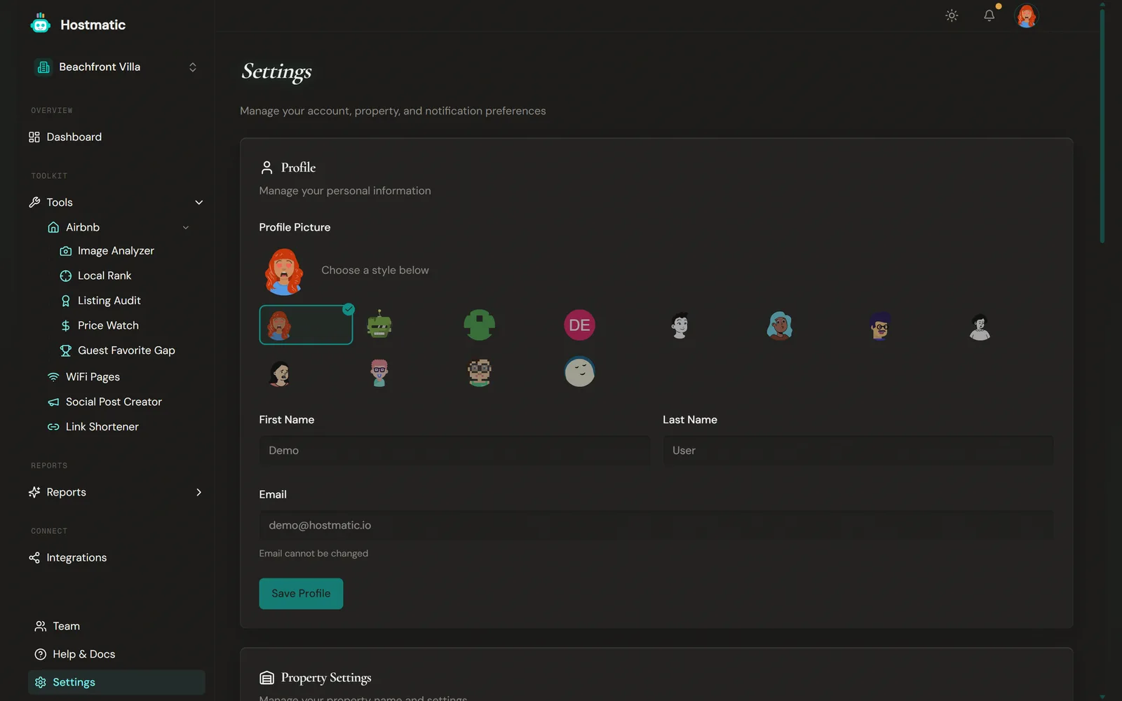 Settings page with profile, avatar selection, and property settings