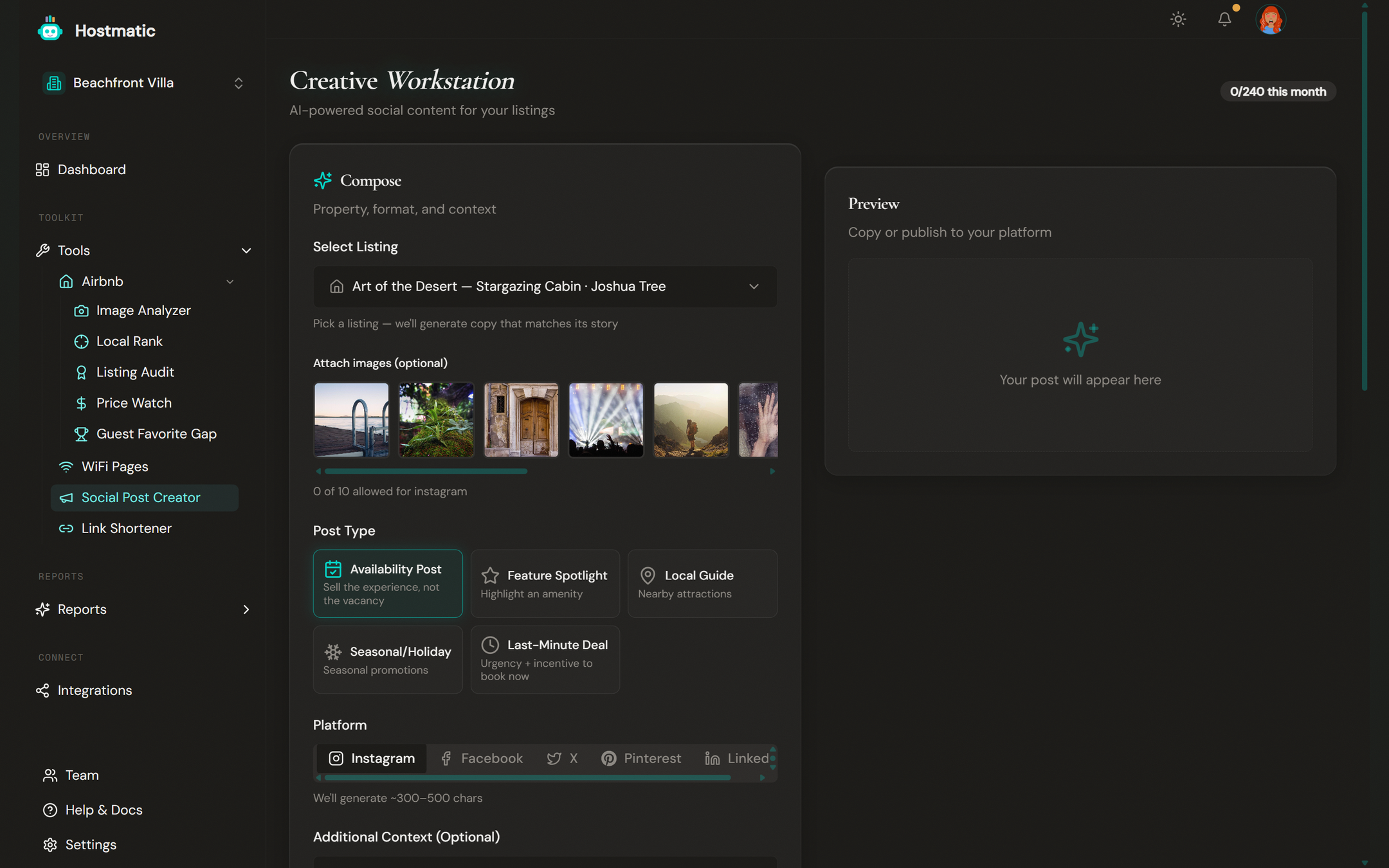 Social Post Creator with a compose panel and a generated post preview with hashtags