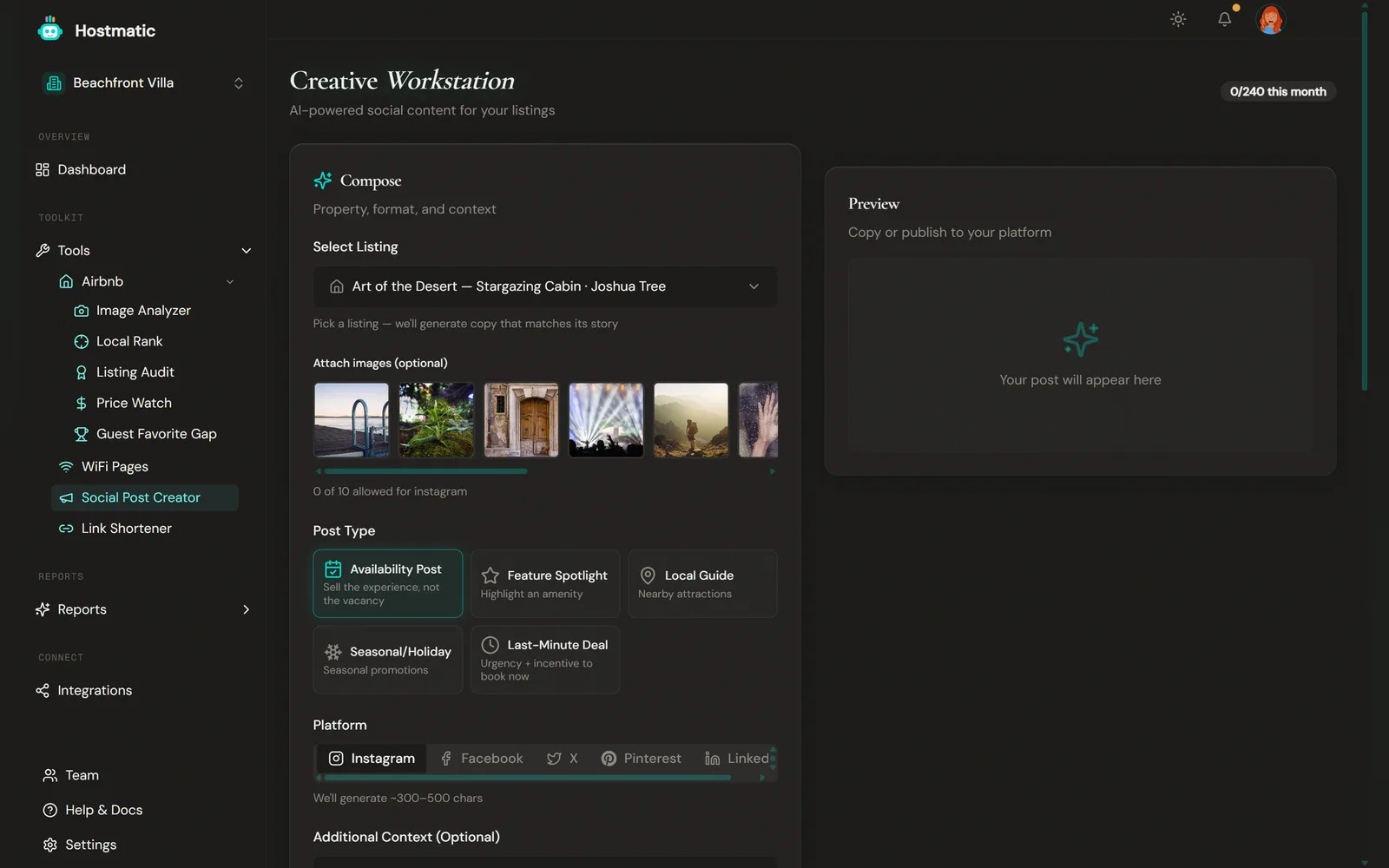 Social Post Creator with a compose panel and a generated post preview with hashtags