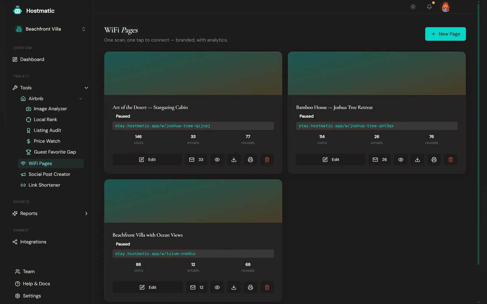 WiFi Pages grid of branded guest WiFi landing pages with visit and scan counts