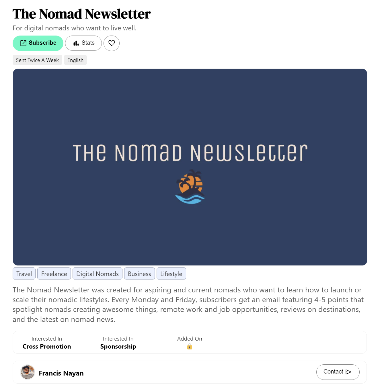 Example of newsletter details page with contact button