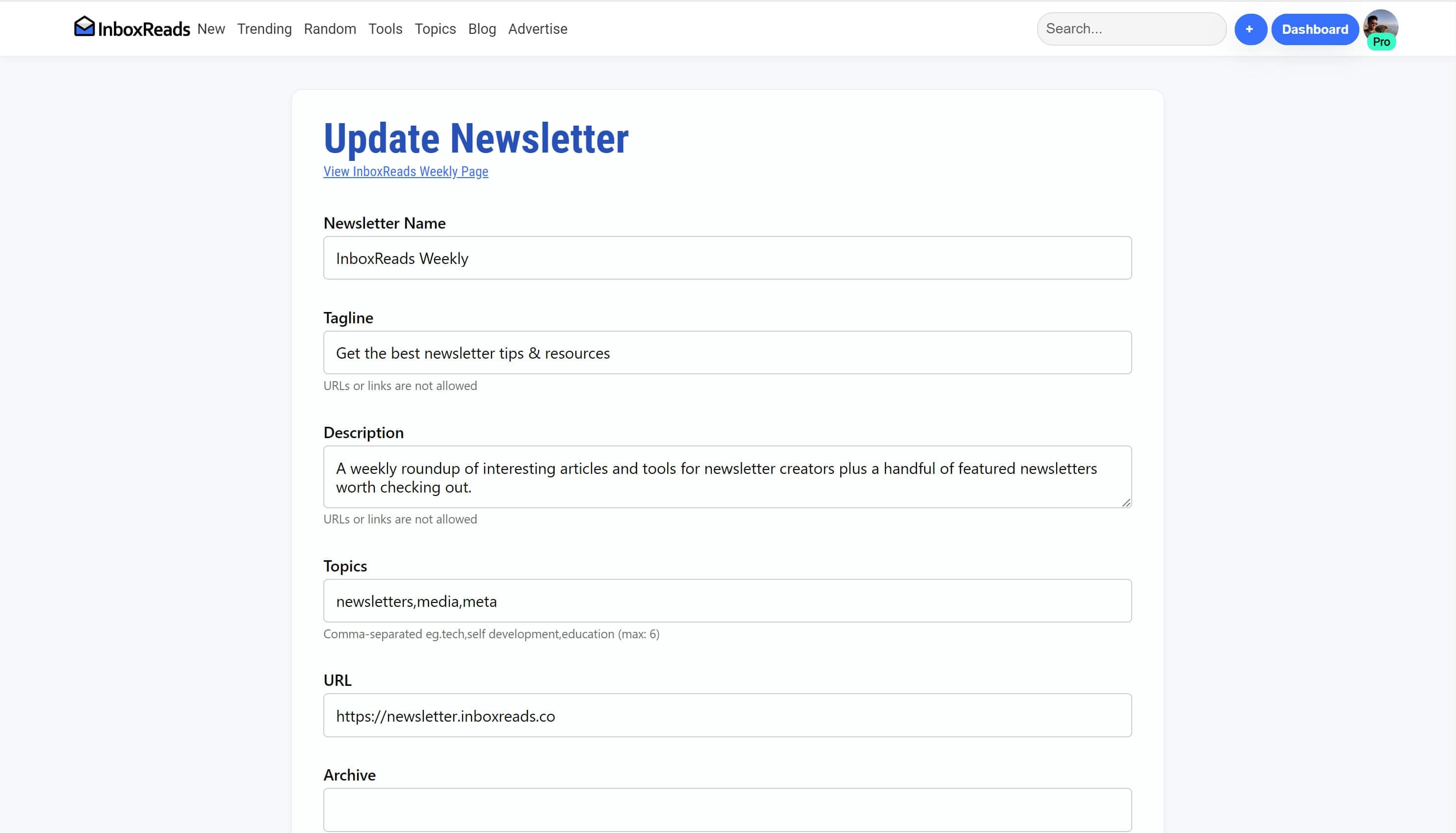 Newsletter update form