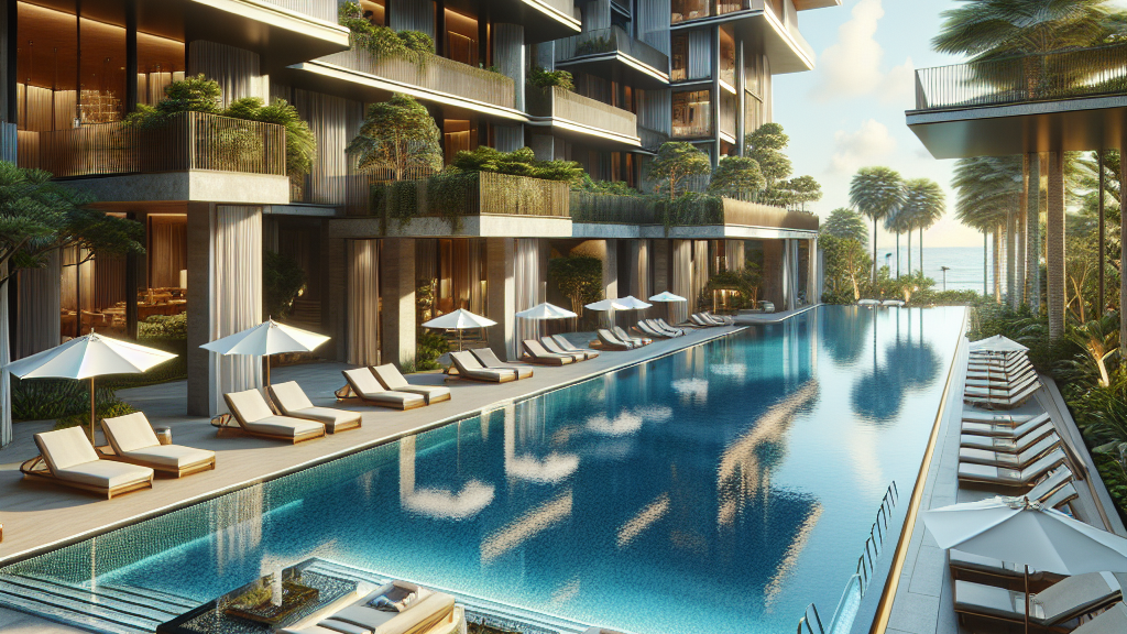 고급 호텔 수영장에서 휴식을 취하는 사람들