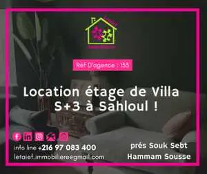 Location : #étage de #VILLA S+3 à #SAHLOUL