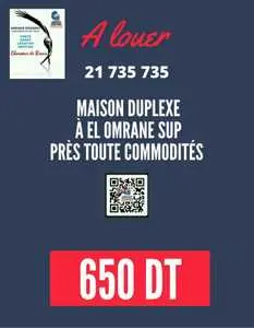 MAISON DUPLEXE À EL OMRANE SUP PRÈS TOUTE COMMODITÉS 650 DT