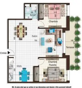 S+2 vue de mer de 108m² à Cité el wafa