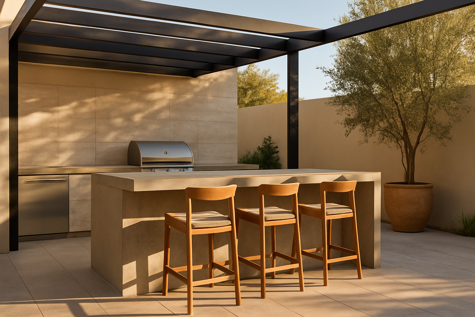 Modern outdoor kitchen with bar seating, concrete countertops, and built-in grill