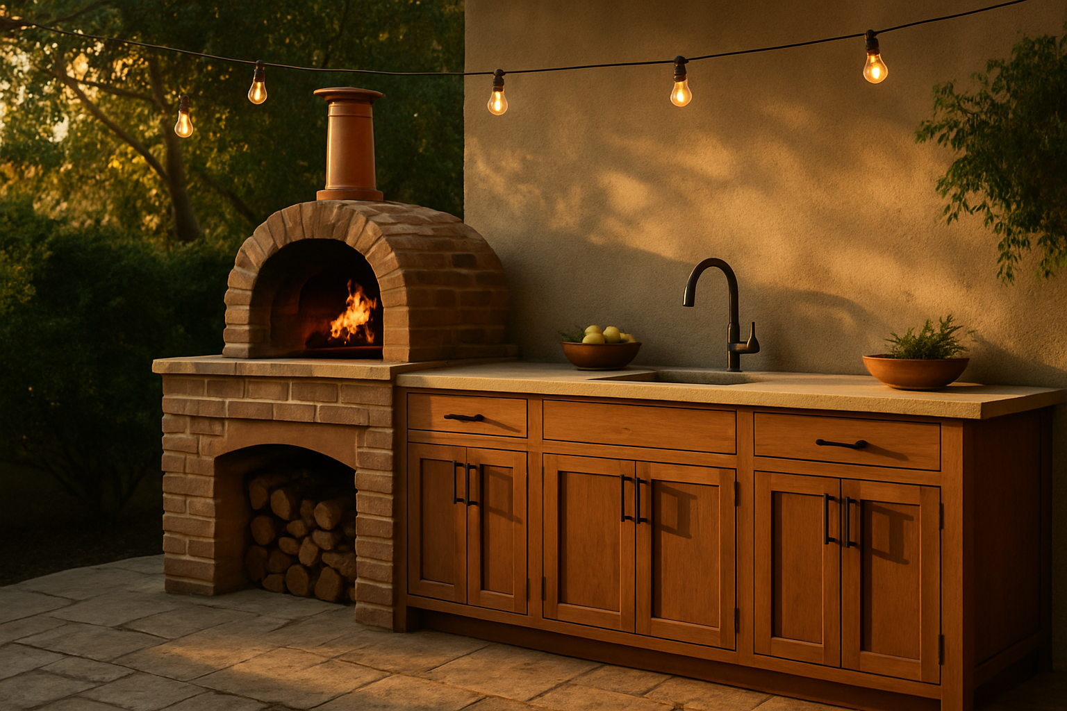 Compact outdoor kitchen with brick pizza oven, wooden cabinets, and string lights