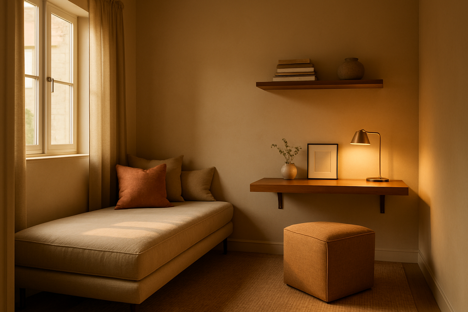 Guest room with a daybed, wall-mounted desk, and storage ottoman, featuring soft task lighting and a cozy rug.