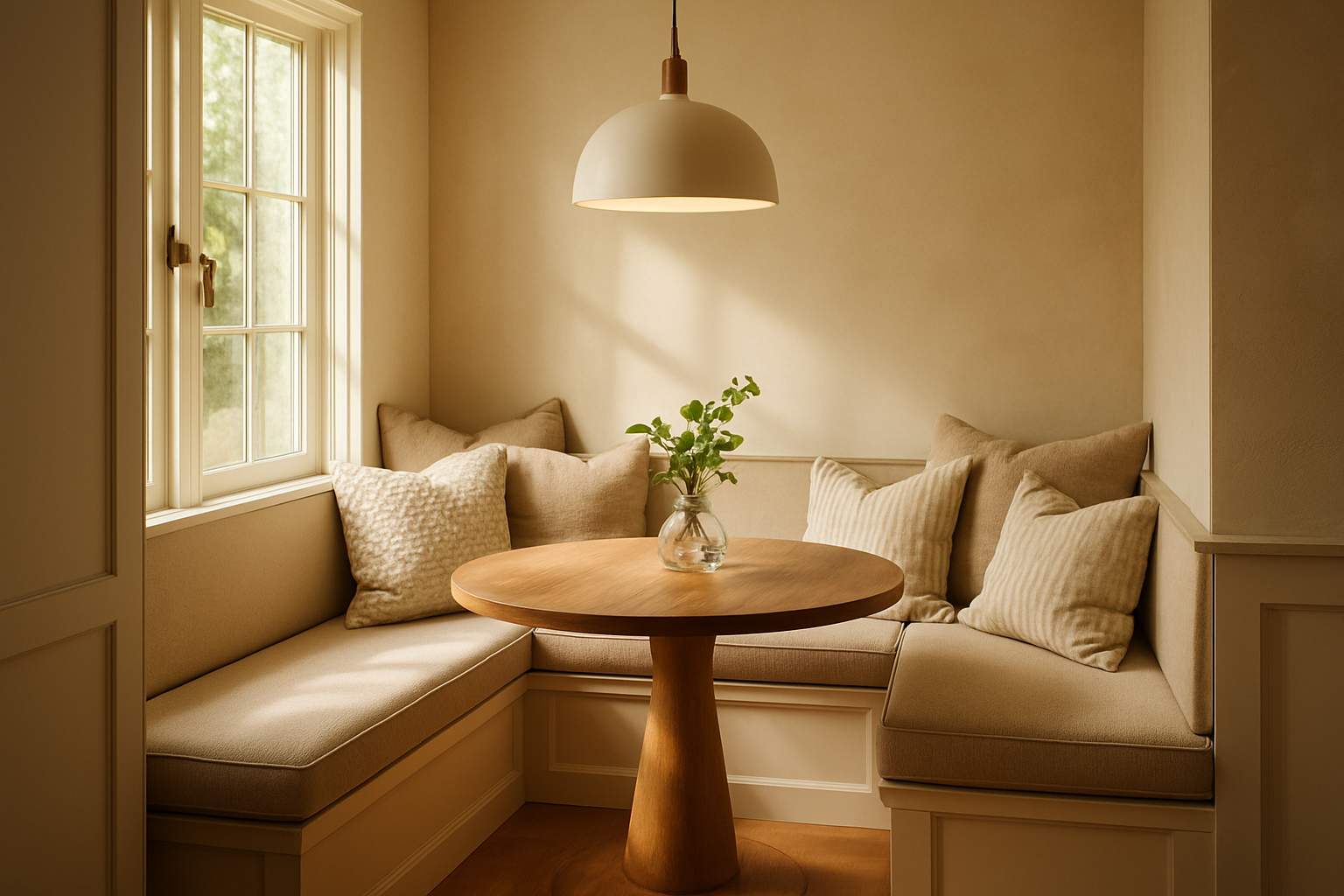 Corner dining nook with built-in bench seating, small table, and pendant light.
