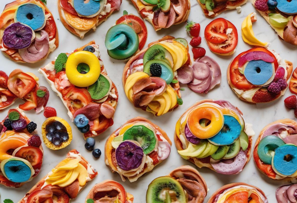 Image showing the final output answering the question: bake Rainbow Bagel Pizza.