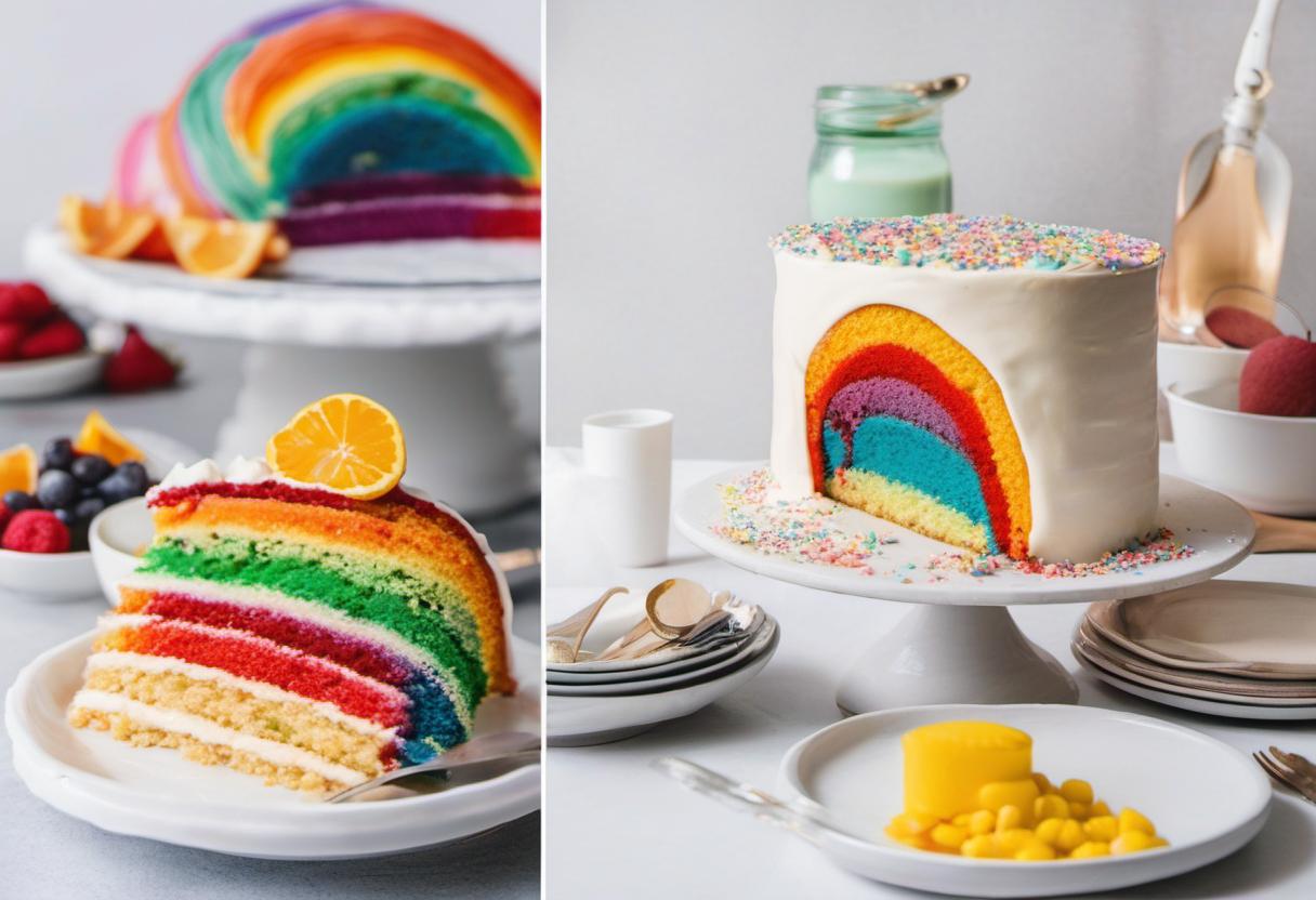 Image showing the final output answering the question: assemble a picture-perfect Rainbow Cake like a pro.