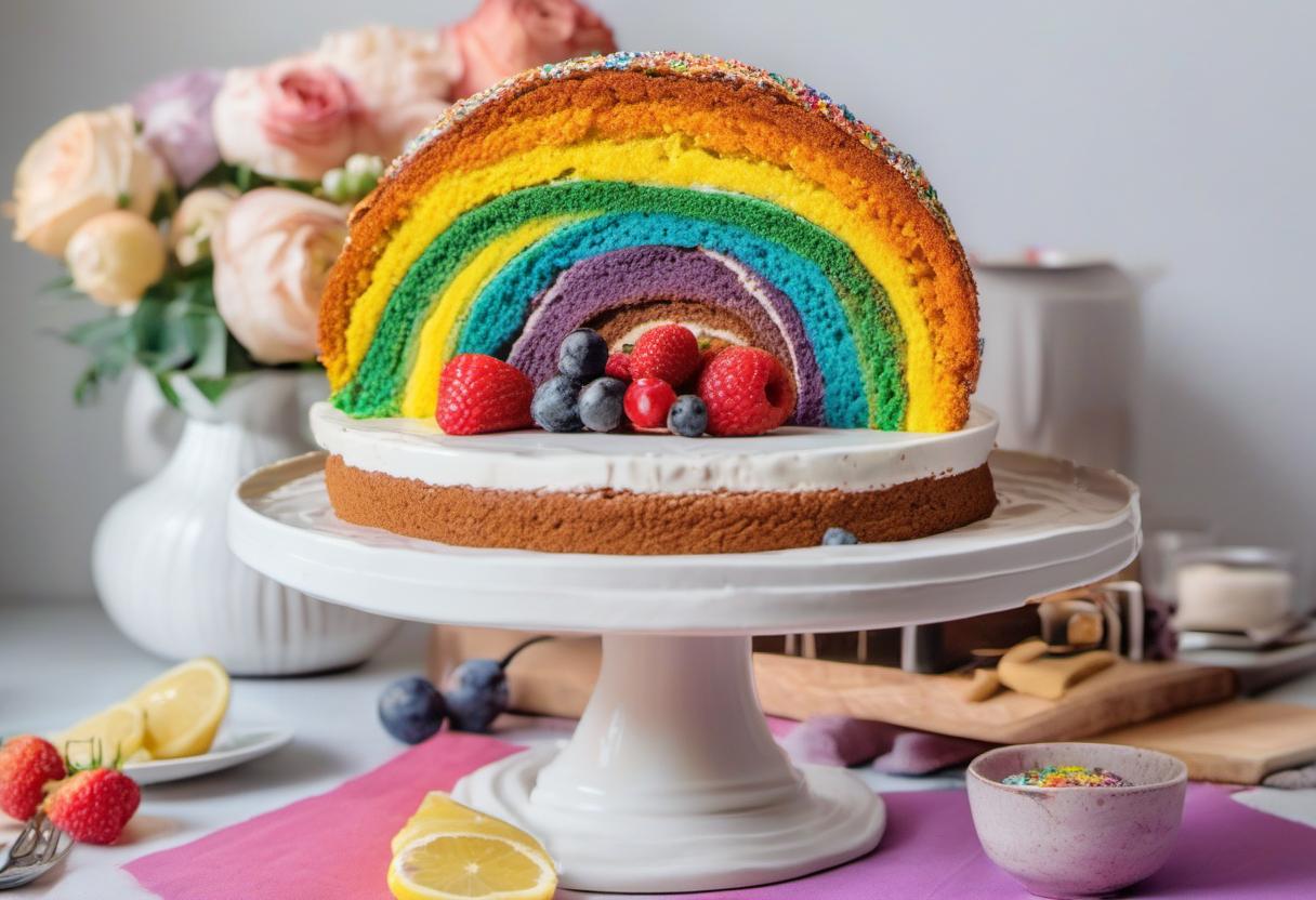 Image showing the final output answering the question: transform your Rainbow Cake into a celebration centerpiece.