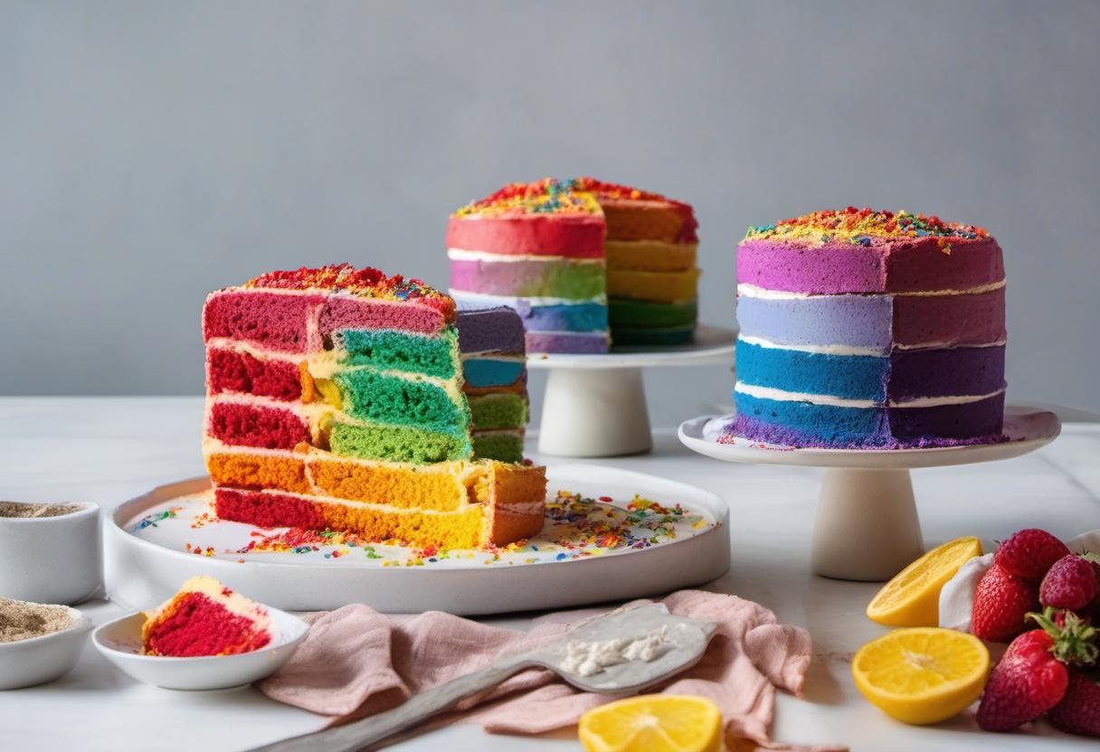 Image showing the final output answering the question: make a gluten-free version of a Rainbow Cake.