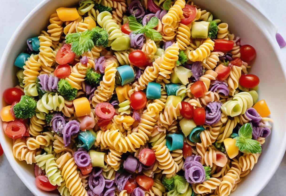 Image showing the final output answering the question: cook a vibrant rainbow pasta salad.