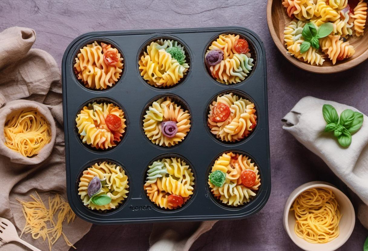 Image showing the final output answering the question: bake cheesy multicolored pasta muffins.