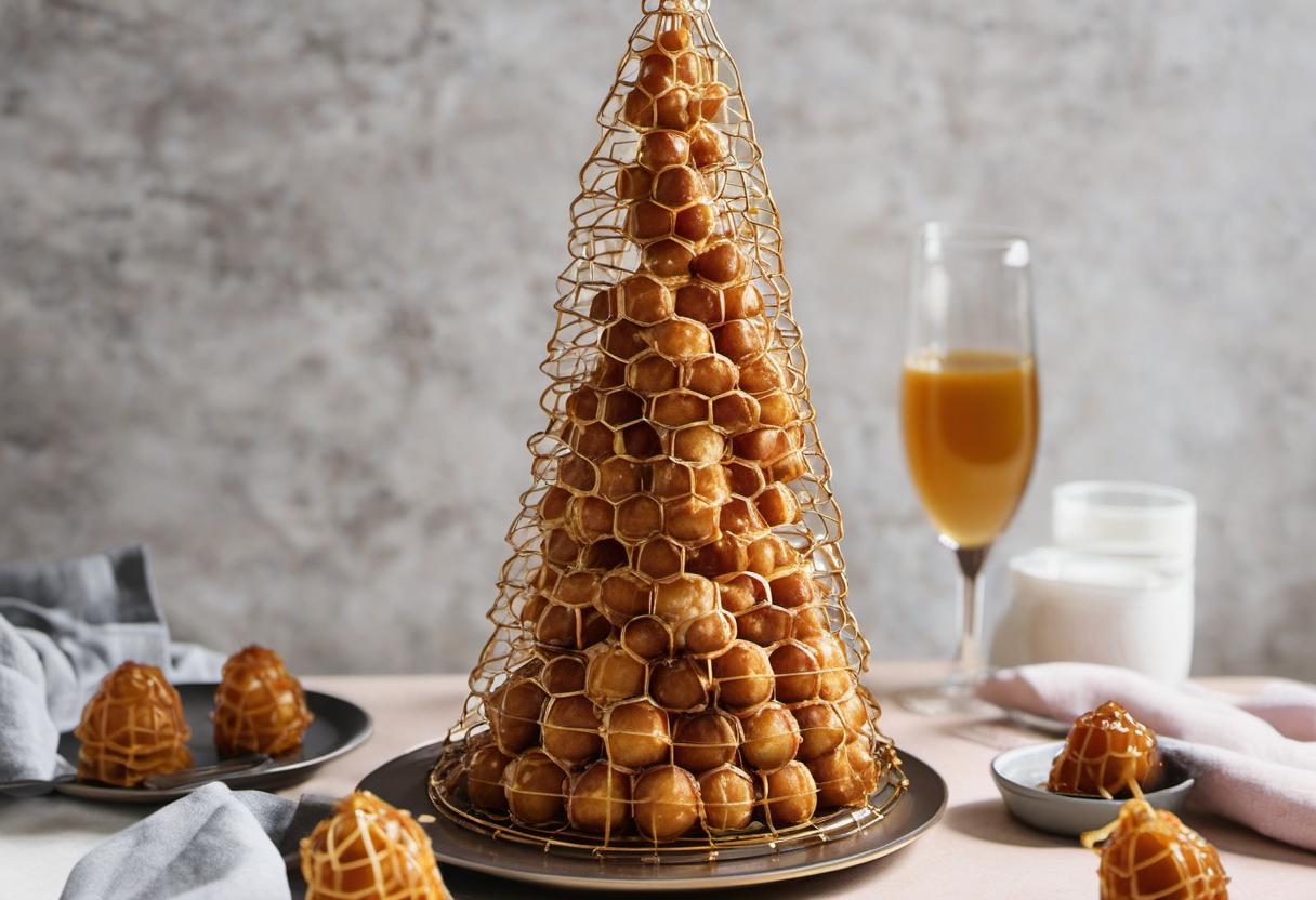 Image showing the final output answering the question: create a stunning caramel cage for Croquembouche.